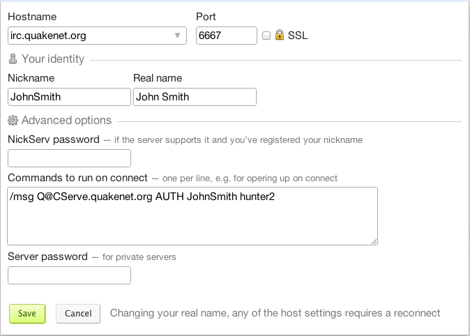 Example of on-connect commands for AUTHing with Q